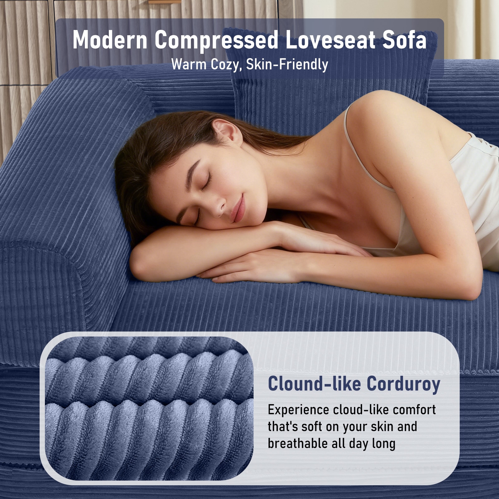Convertible Corduroy Sleeper Sofa Bed With Two Pillows Blue_voghion.com